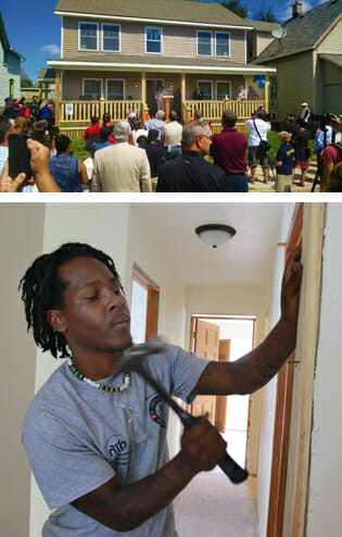 Top: Shortly after Milwaukee’s riots, Mayor Tom Barrett, Congresswoman Gwen Moore and proud new homeowners, among many others, convened at MCC’s most recently finished house to thank YouthBuilders for investing in the community and themselves. Bottom: Ariel Dotstry helps to construct a home.