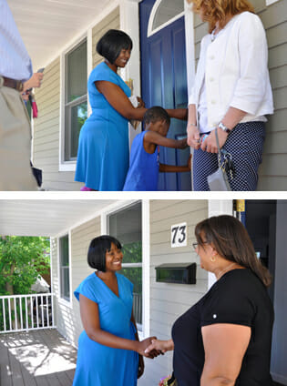 Top: Lozitha Nzula and her son enter their new home. Bottom: At the home’s dedication, the proud homeowner is congratulated by Victoria Goff, ABHMS national coordinator of Volunteer Mobilization Ministries.