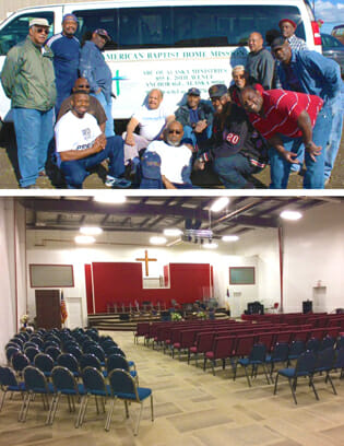 Top: Construction volunteers Bottom: Mount Pleasant Baptist Church’s sanctuary 