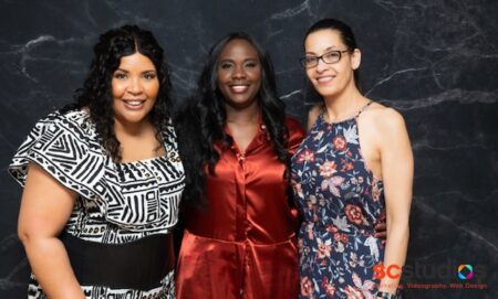 From left, Christian Fashion Week 2024 emcee Chantá Barrett with event creators Lilian Acome-McClung and Mayra Gomez. Photo courtesy of SC Studios.