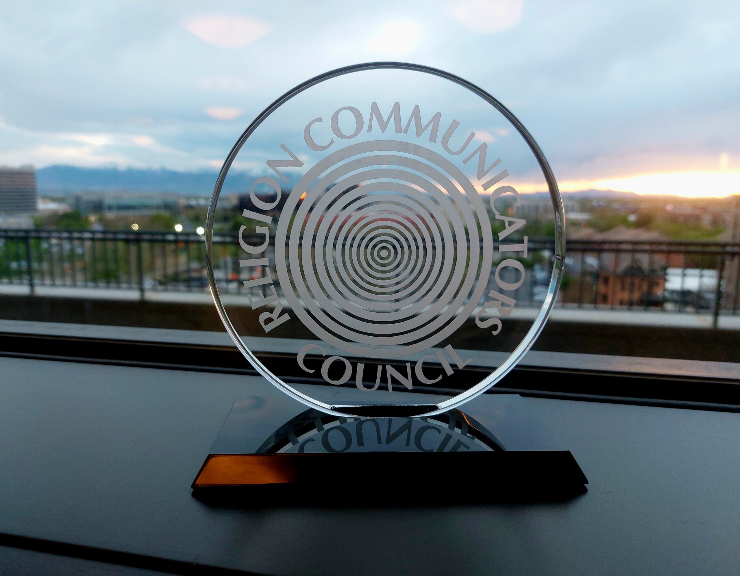 Photo of a DeRose-Hinkhouse trophy bestowed by the Religious Communicators Council for demonstrated excellence by communications and public relations professionals in the faith sector.