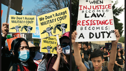 Composite image of young protesters marching against the military regime in Myanmar.